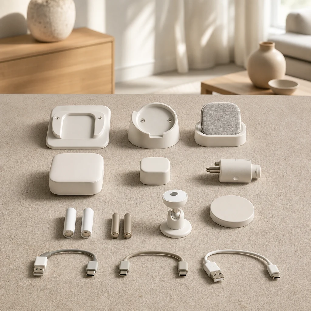 Mounts, adapters and batteries laid out on a neutral surface