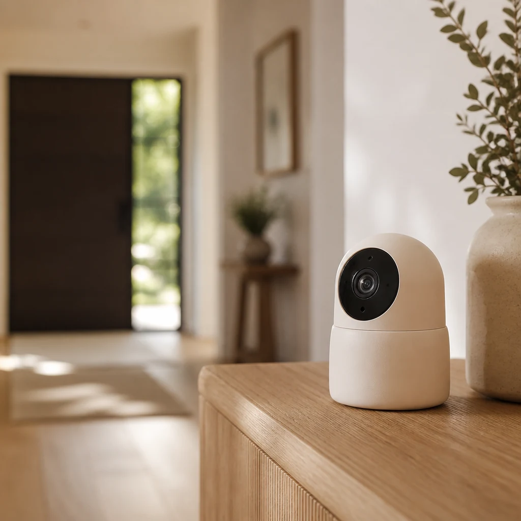 Small indoor camera on a shelf in a bright hallway
