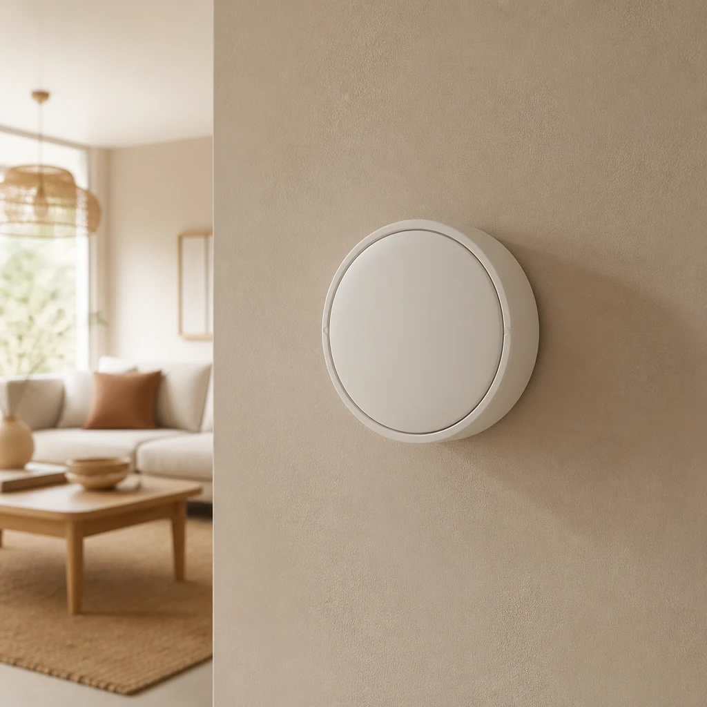 Round smart thermostat mounted on a pale wall