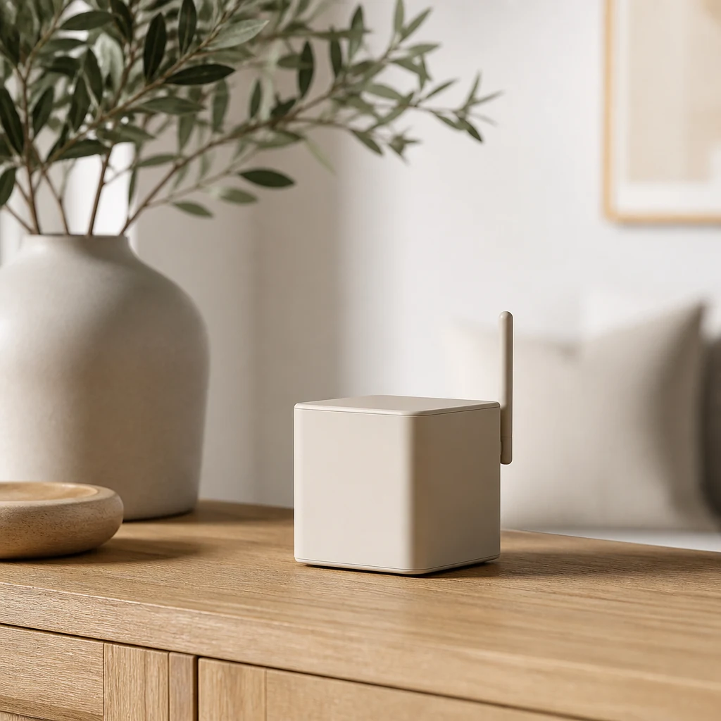 Matte smart home hub with a small antenna on a sideboard