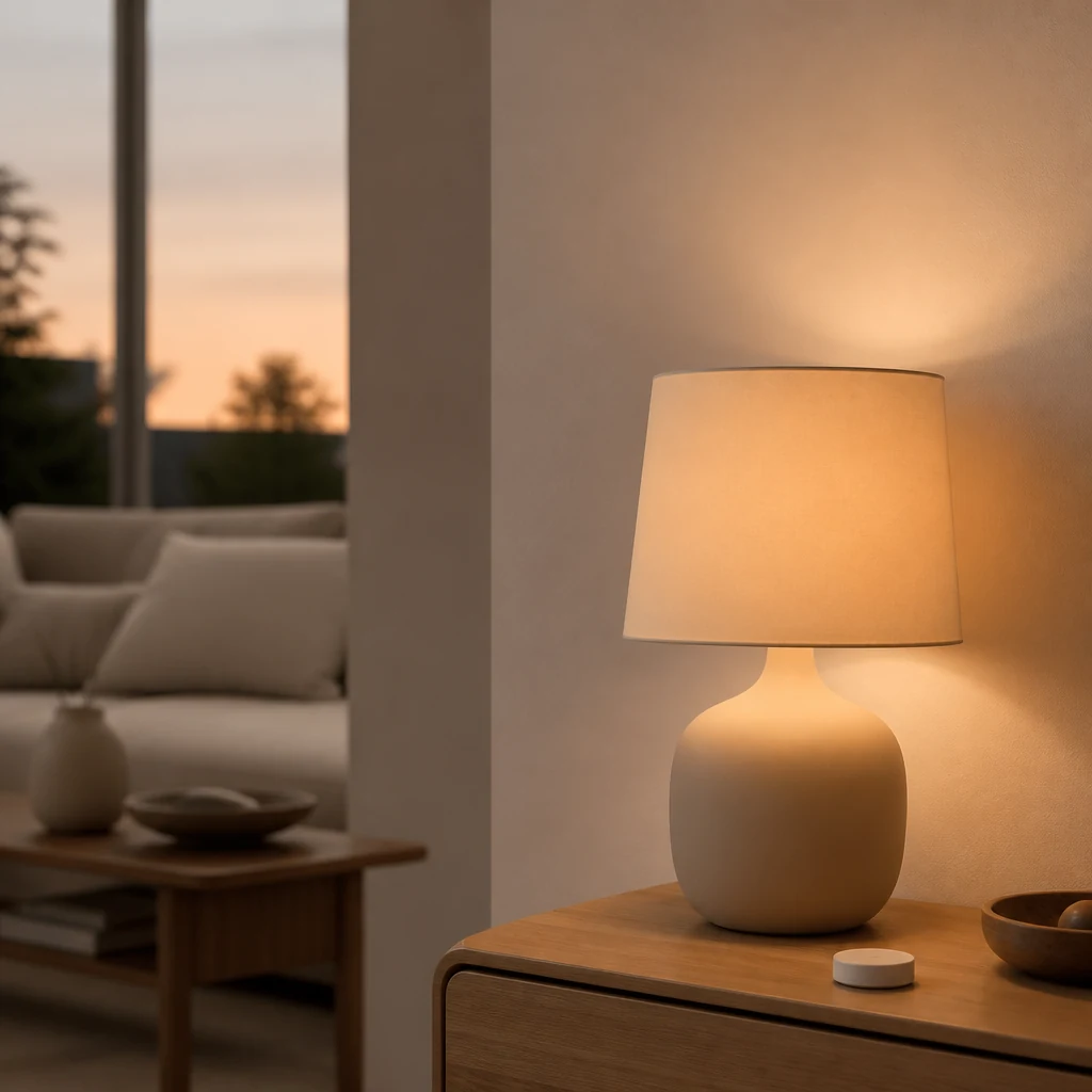 Smart bulb glowing warm above a side table