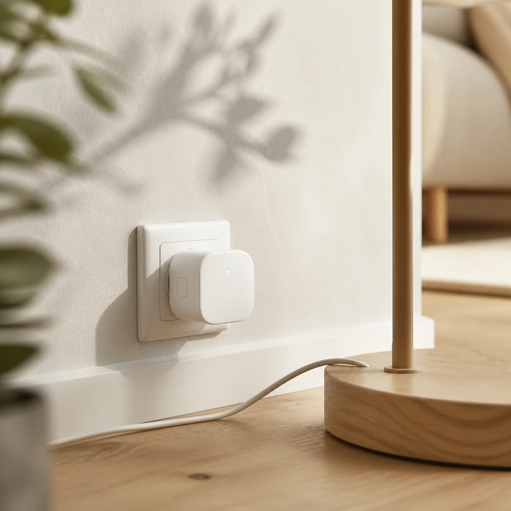 Smart plug in a wall socket next to a floor lamp