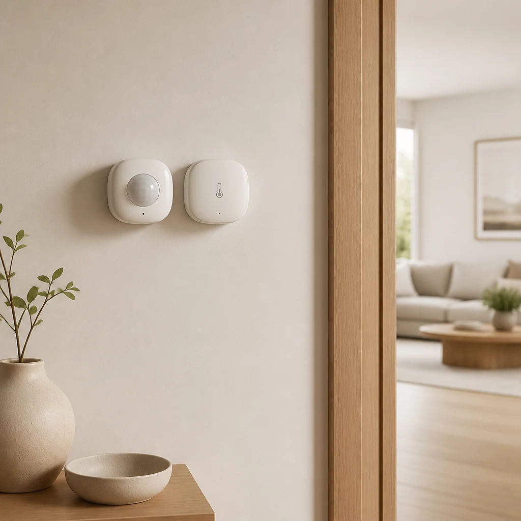 Small motion sensor mounted on a plain wall