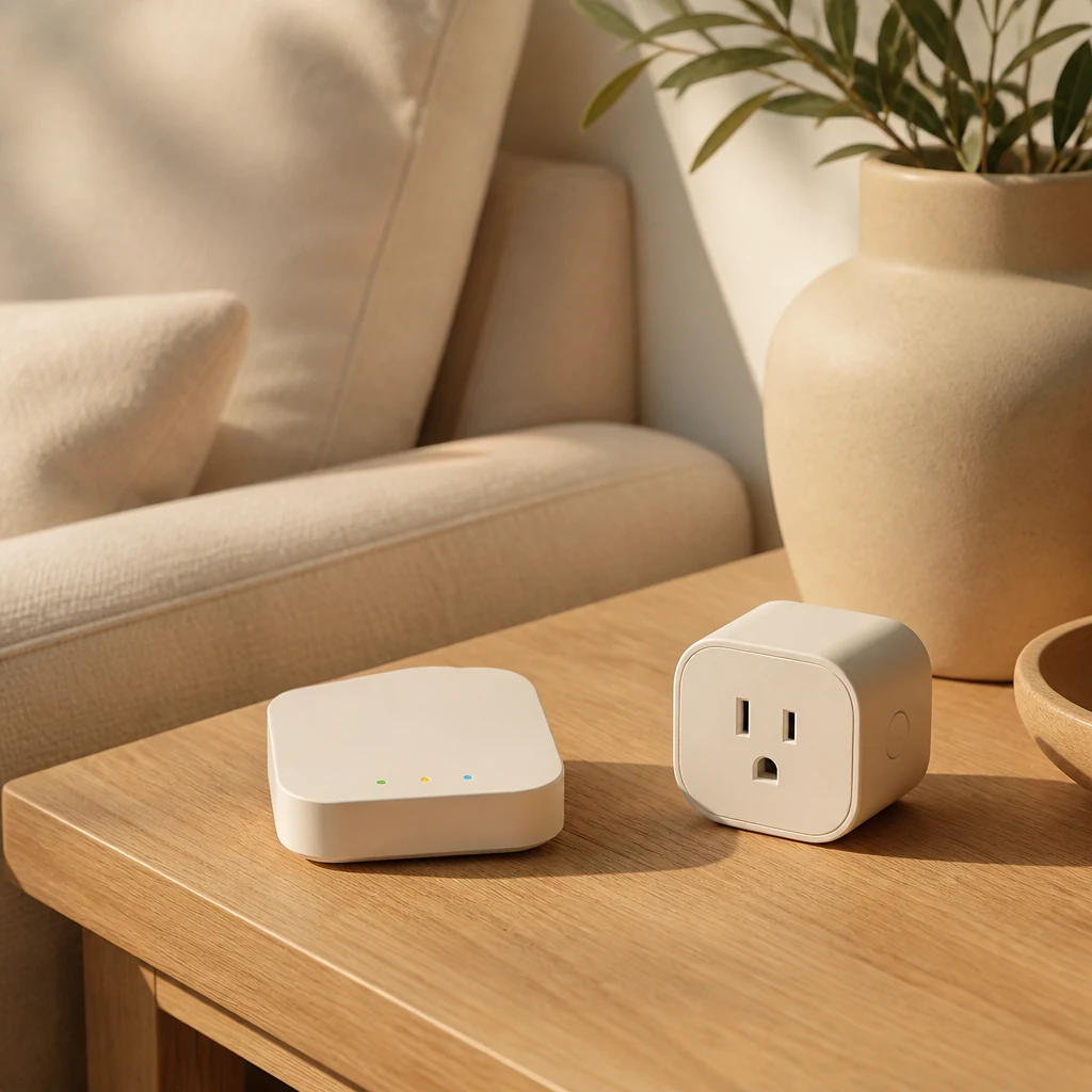 Smart plug and compact sensor beside a sofa in a warm living room