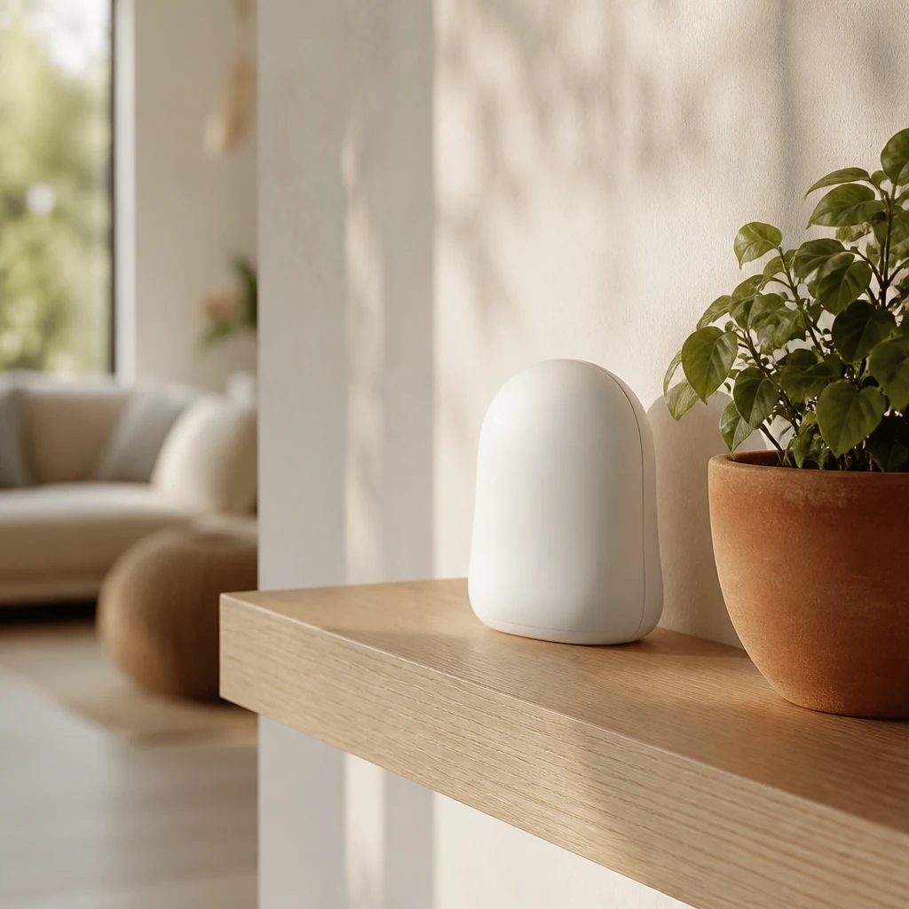 Smooth white smart home hub on a shelf next to a potted plant