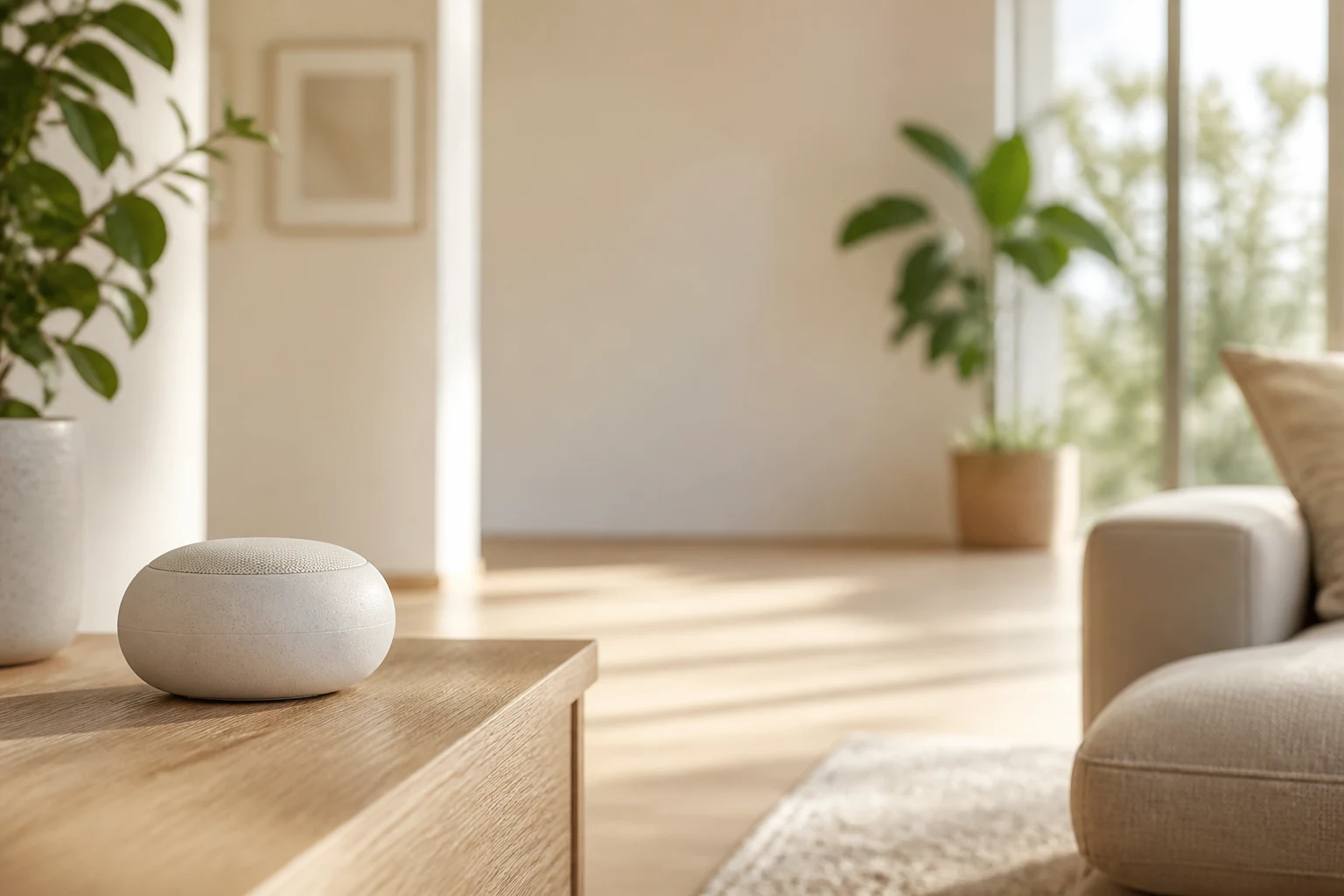 Rounded smart home speaker on a light wooden table in a bright living room