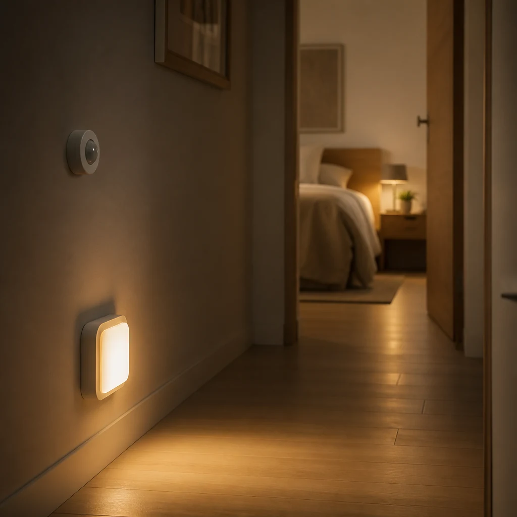 Hallway lit softly at night with a wall sensor nearby