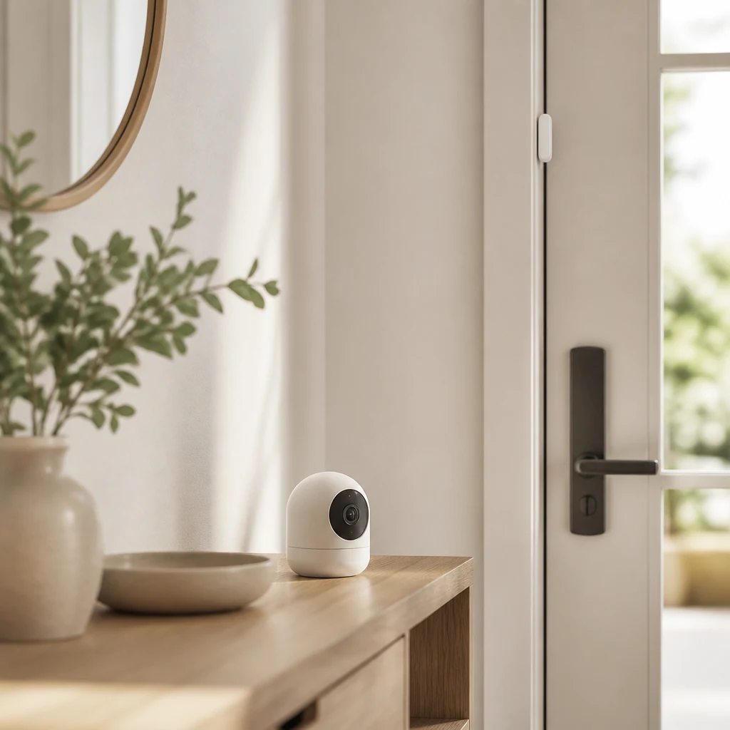 Indoor camera and door contact sensor by a front door