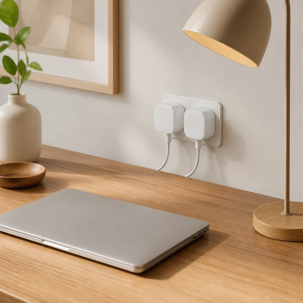 Smart plugs in a wall socket behind a desk
