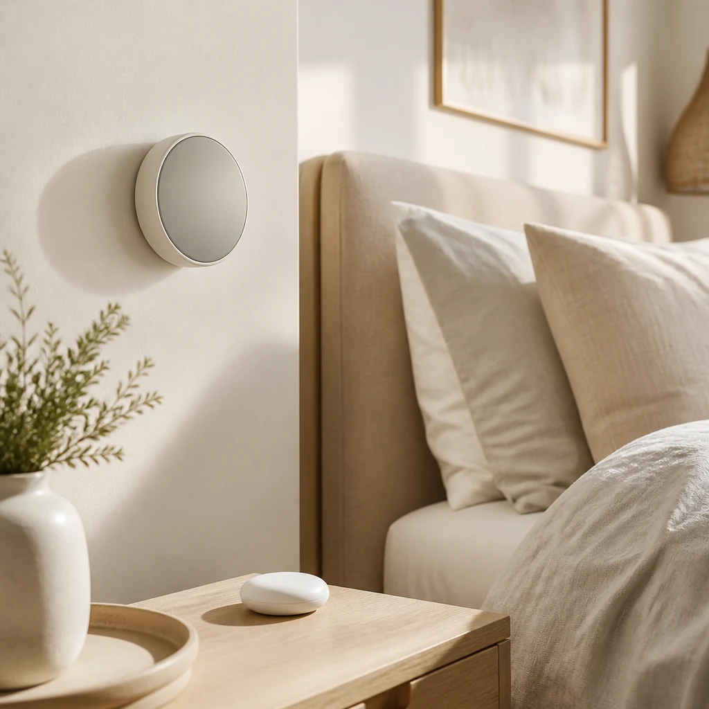 Round thermostat and a humidity sensor in a calm bedroom