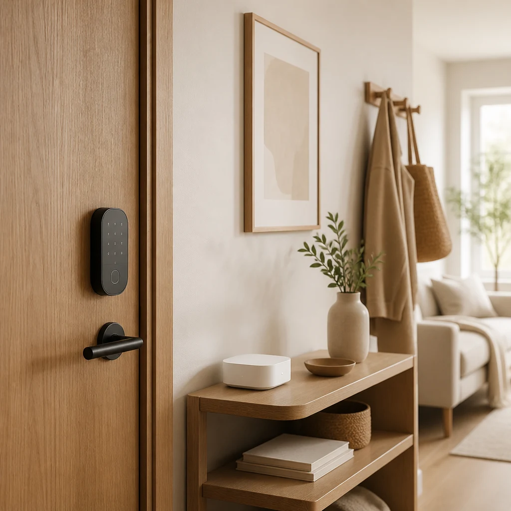 Smart lock and hub by the entrance of a bright flat