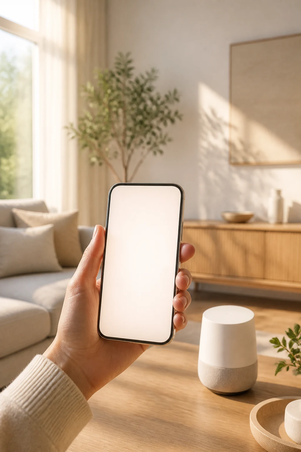 Hand holding a smartphone with a home control app in a sunlit room