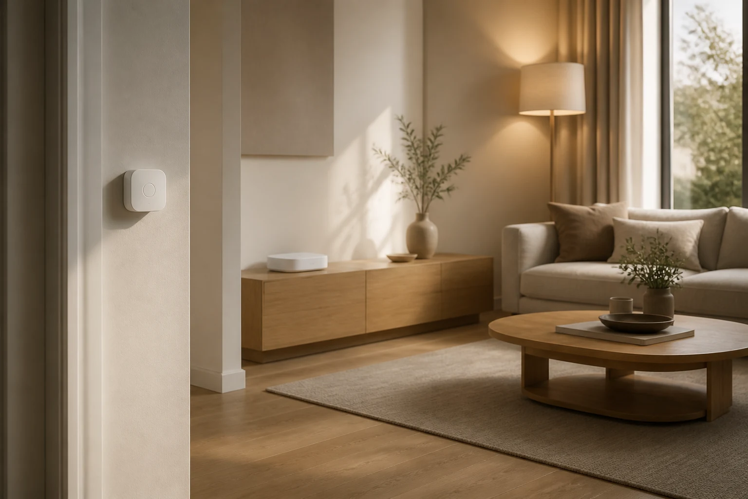 Bright living room with smart lighting, a sensor on the wall and a control hub