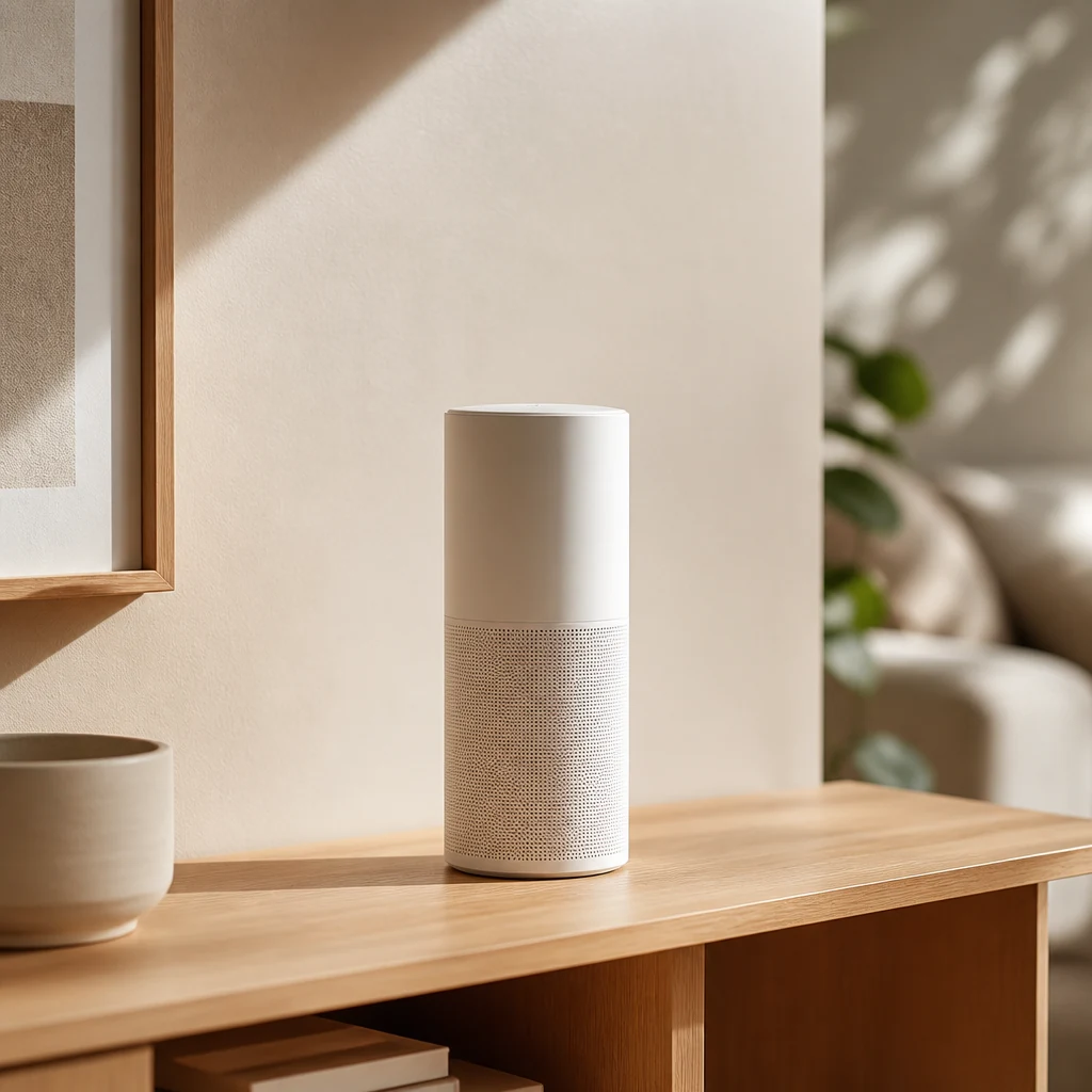 Slim smart speaker standing on a shelf