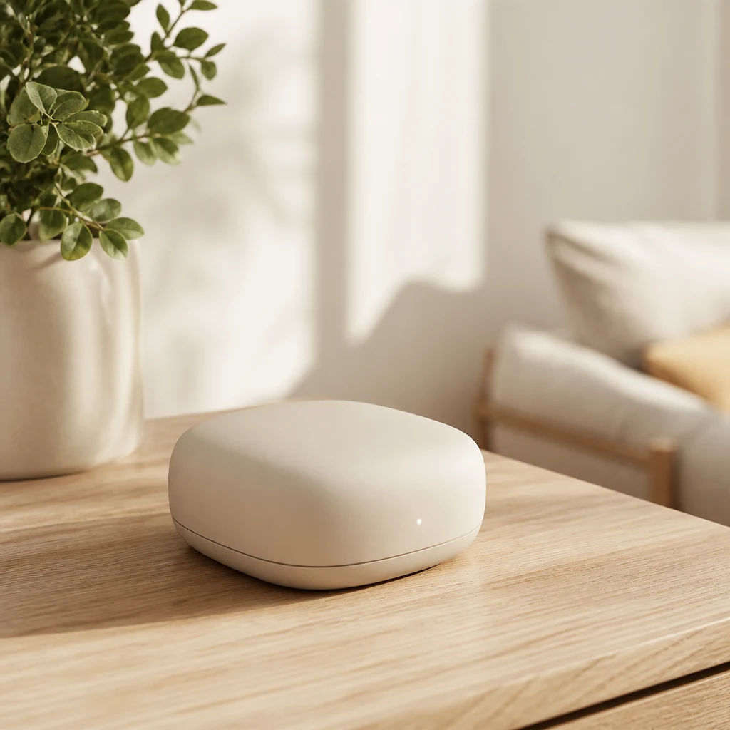 Compact smart hub beside a plant on a wooden surface